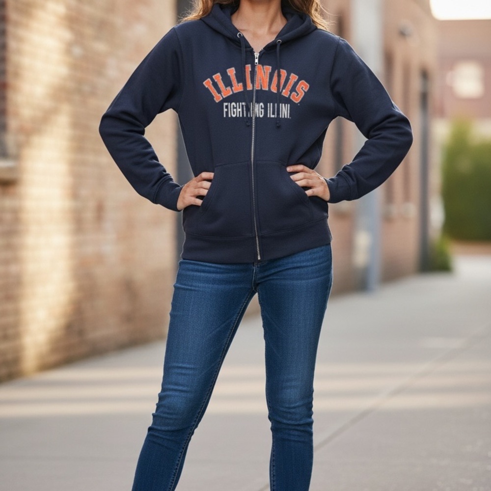 Fighting Illini Women’s Navy Zip-Up Hoodie blinged out I in back size Large - Picture 2 of 7